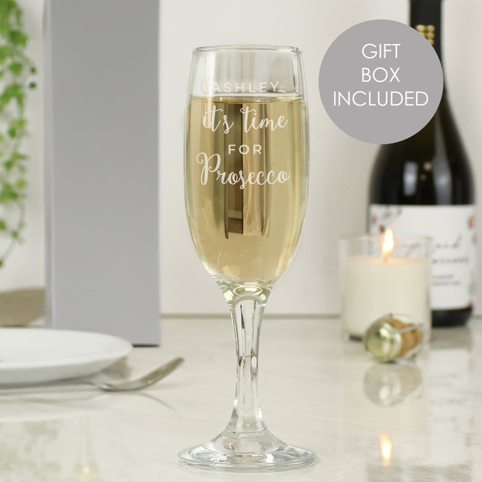 Glass prosecco flute with a personalised name and words