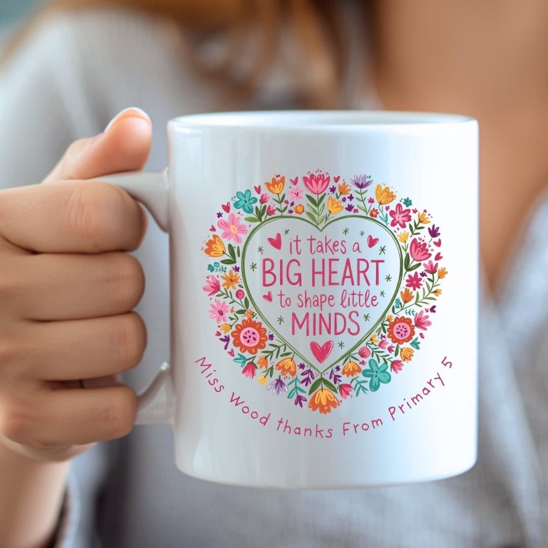 Personalised teacher ceramic mug with a teacher-themed design printed on both sides