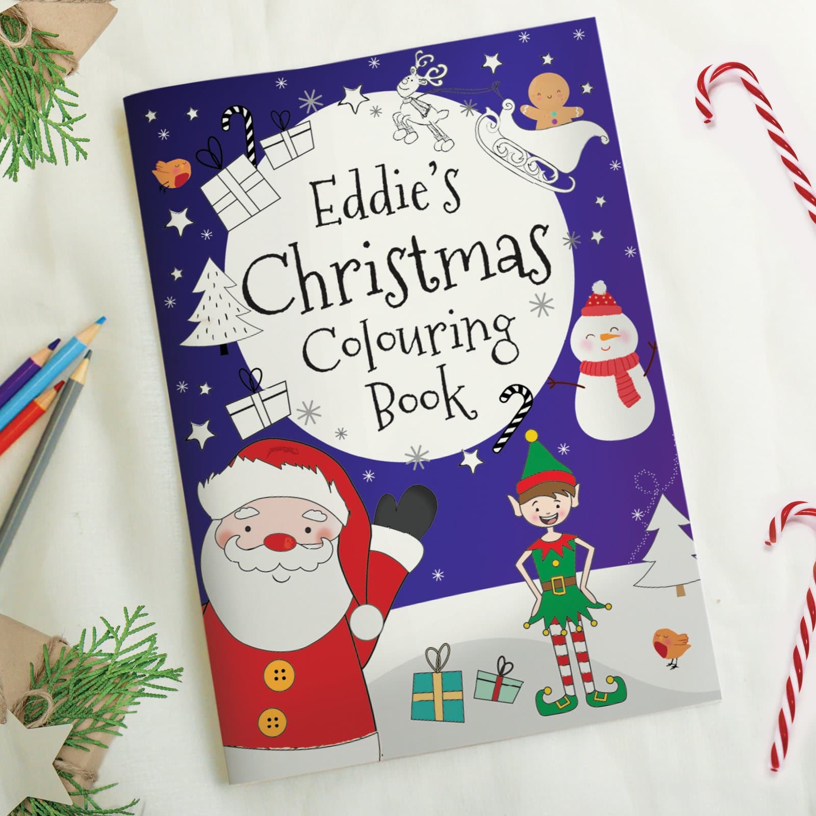 Personalised It's Christmas Elf Colouring Book with a child's name on the cover