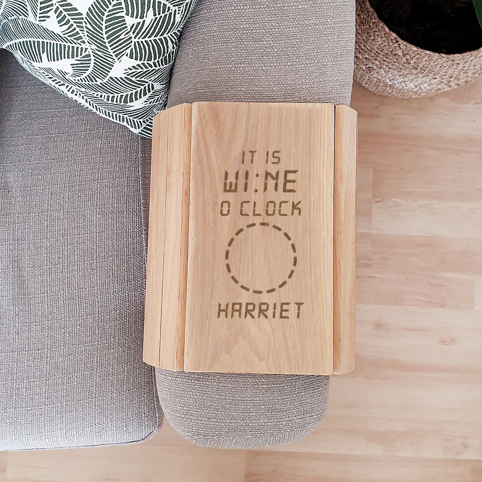 Wooden sofa tray personalised with a name and wine o'clock wording