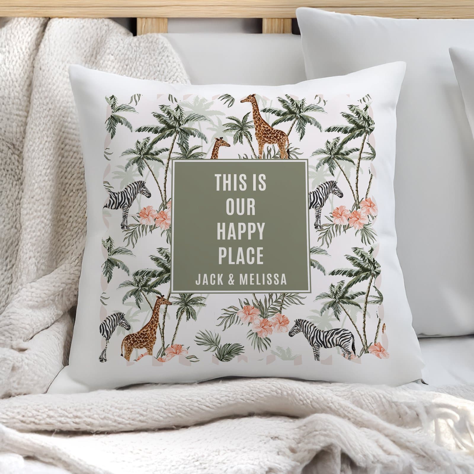 Jungle print cushion with five lines of personalised text