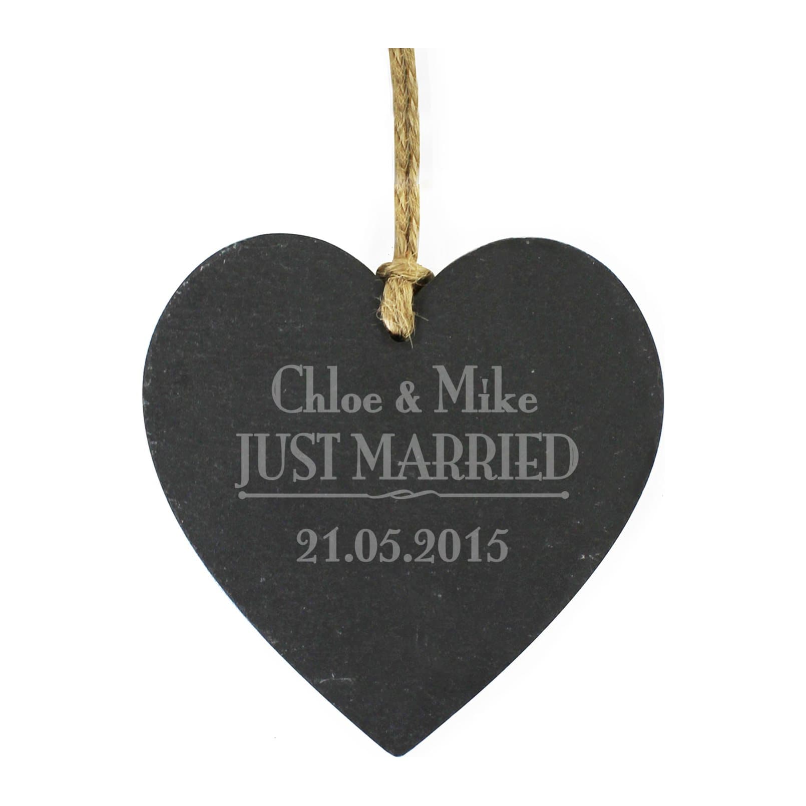Slate heart reading Just Married with names and a date on rustic string