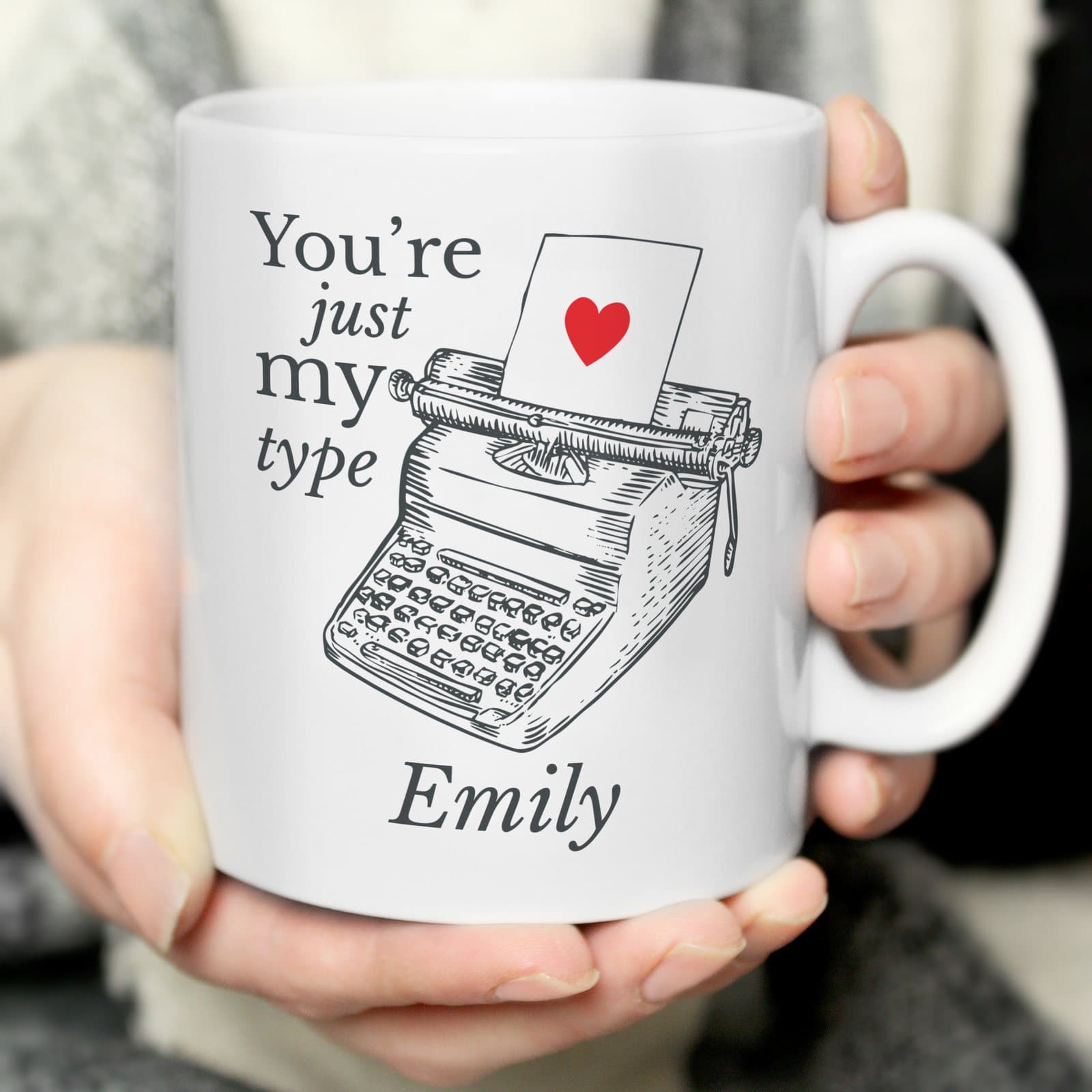 Personalised Just My Type Valentines ceramic mug with a name on the front