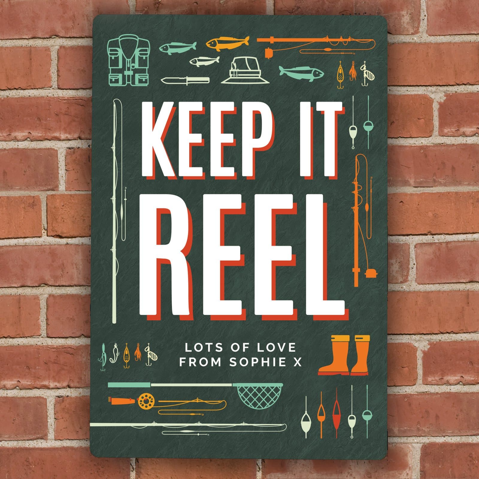 Aluminium Keep It Reel sign with two personalised lines of text