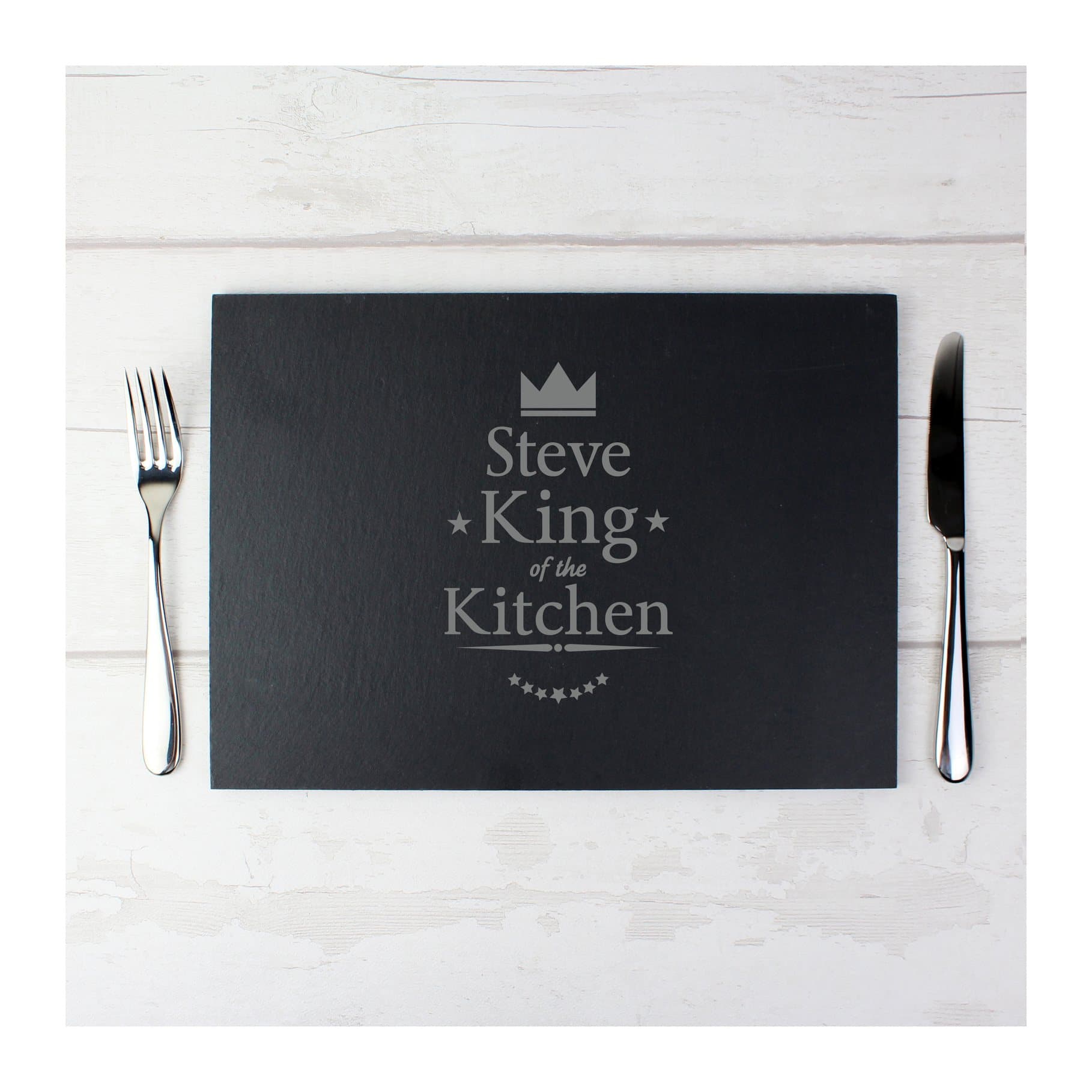 Rectangular slate placemat with King of the Kitchen design and a name