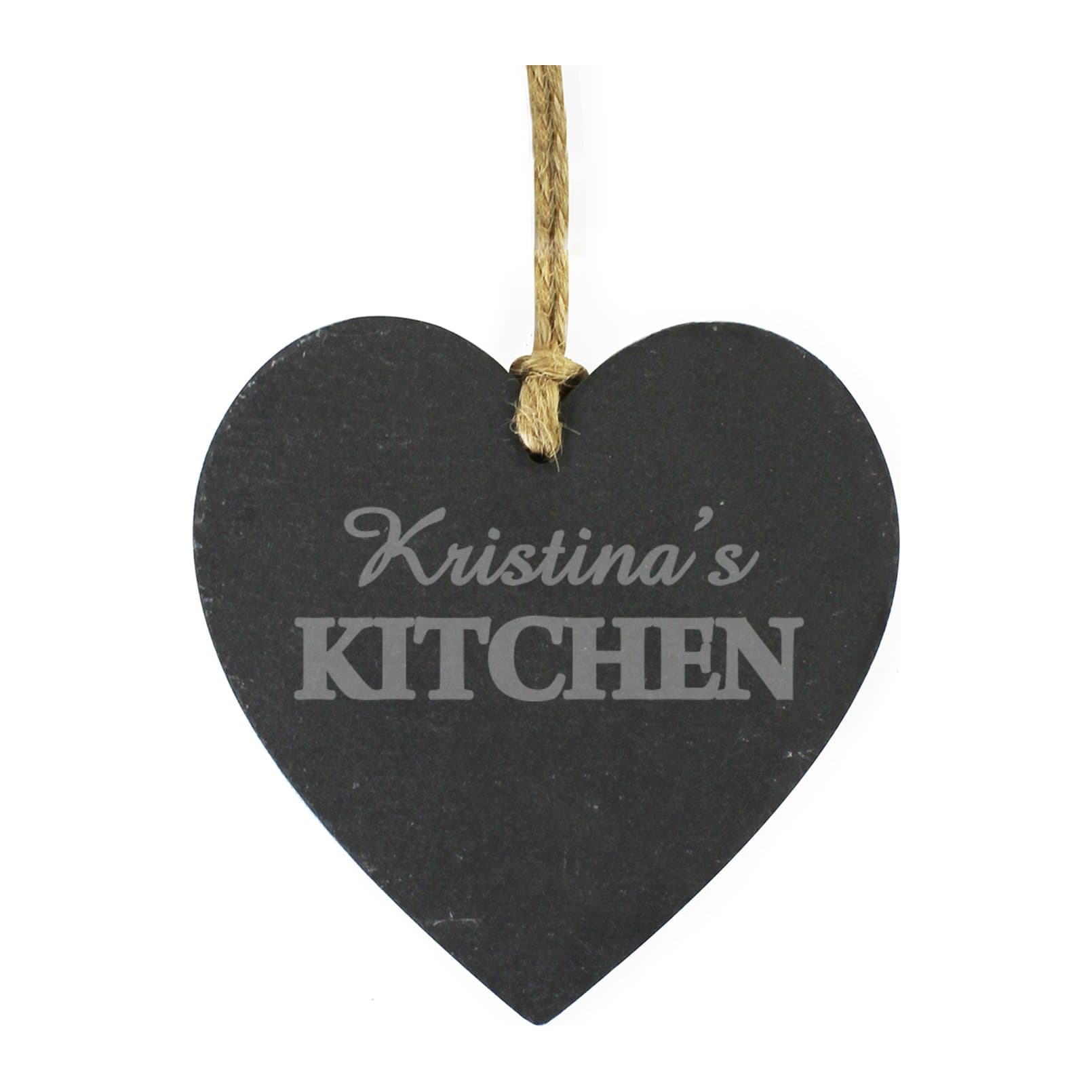Hanging slate heart with KITCHEN text and a name on rustic string