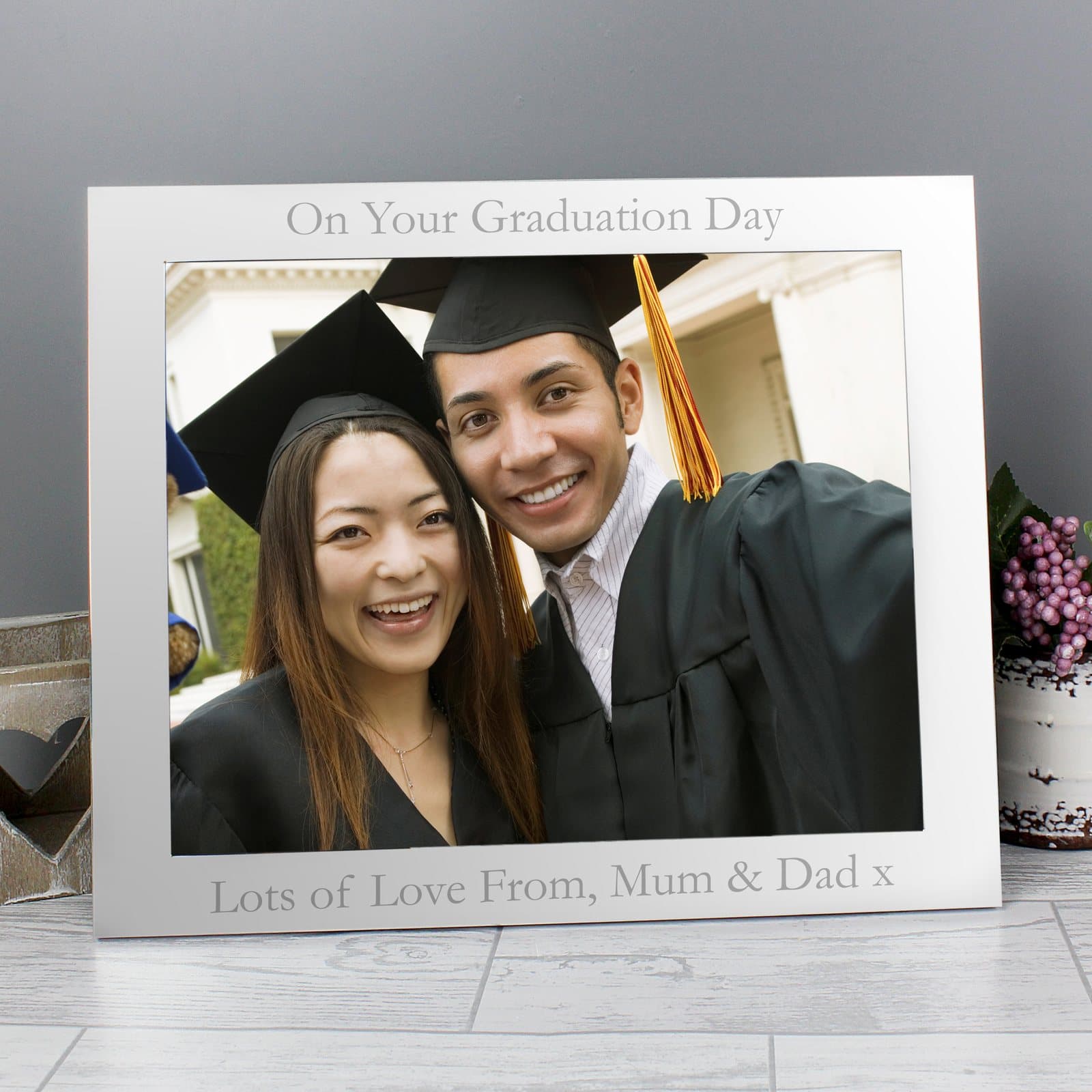Personalised silver landscape photo frame with a message above and below the photo