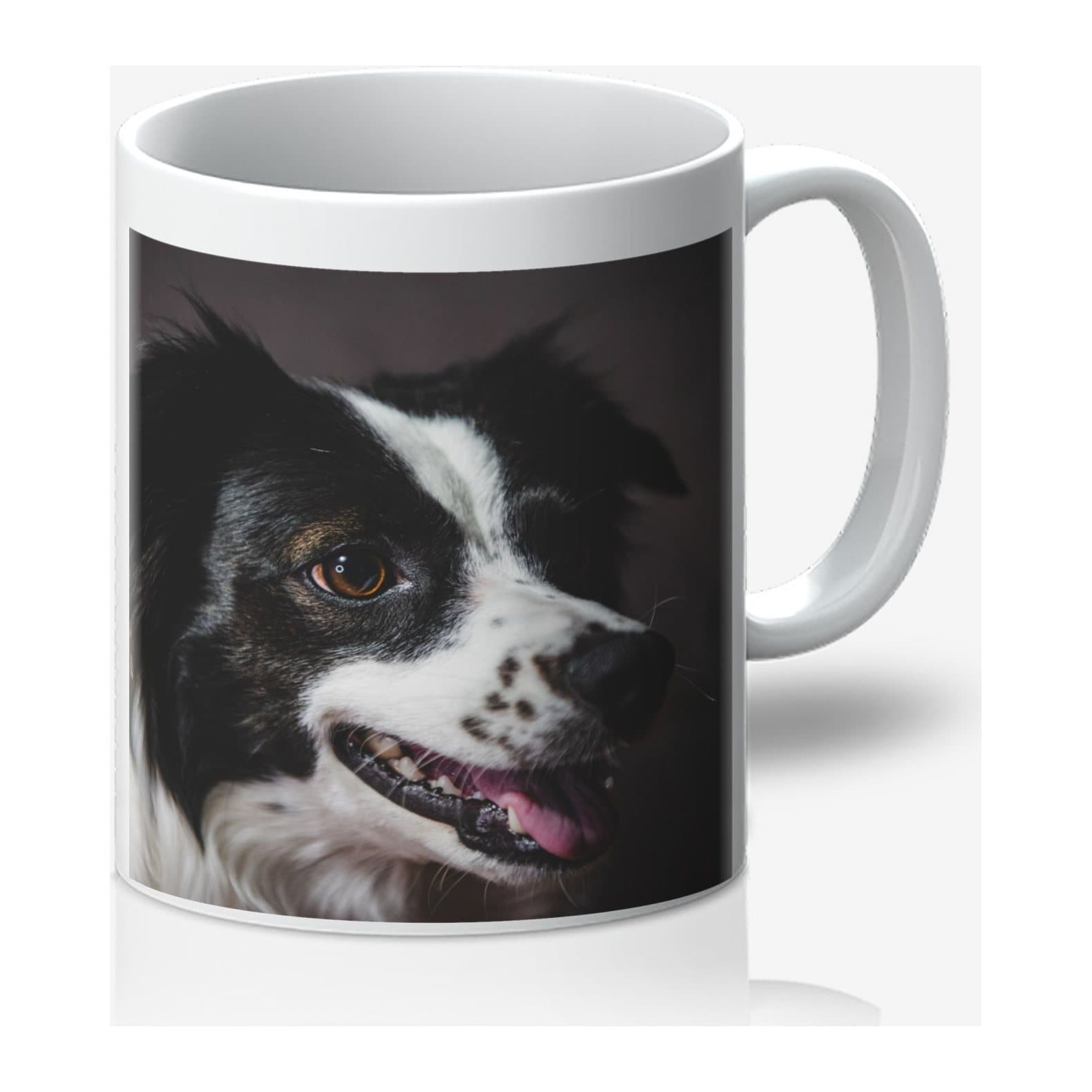Large white mug printed with a photo of a border collie
