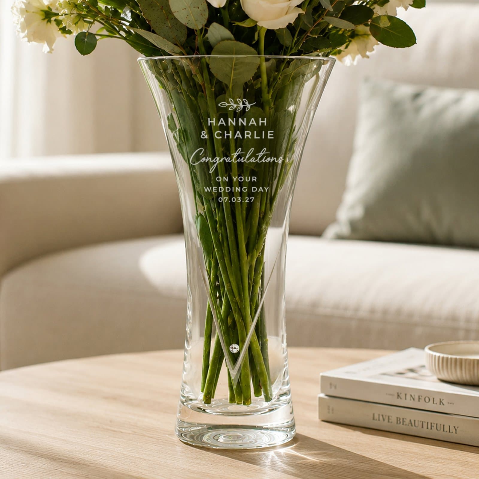 Large diamond effect glass heart vase with cut heart swirl and text