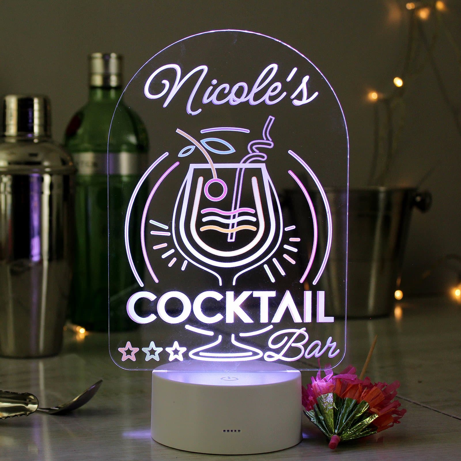 Acrylic LED cocktail bar sign with a personalised name lit on its base
