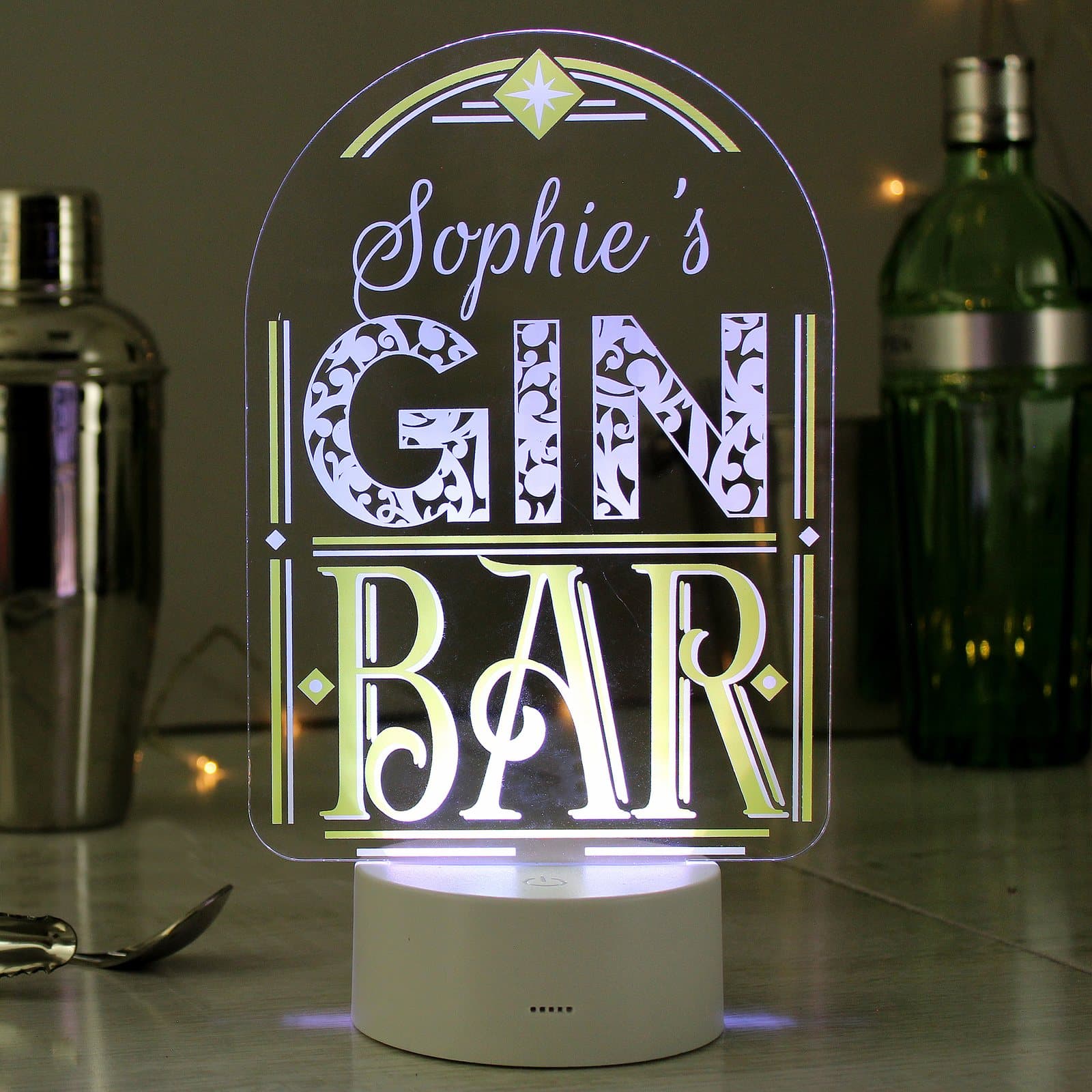 Acrylic LED gin bar sign with a personalised name lit on its base