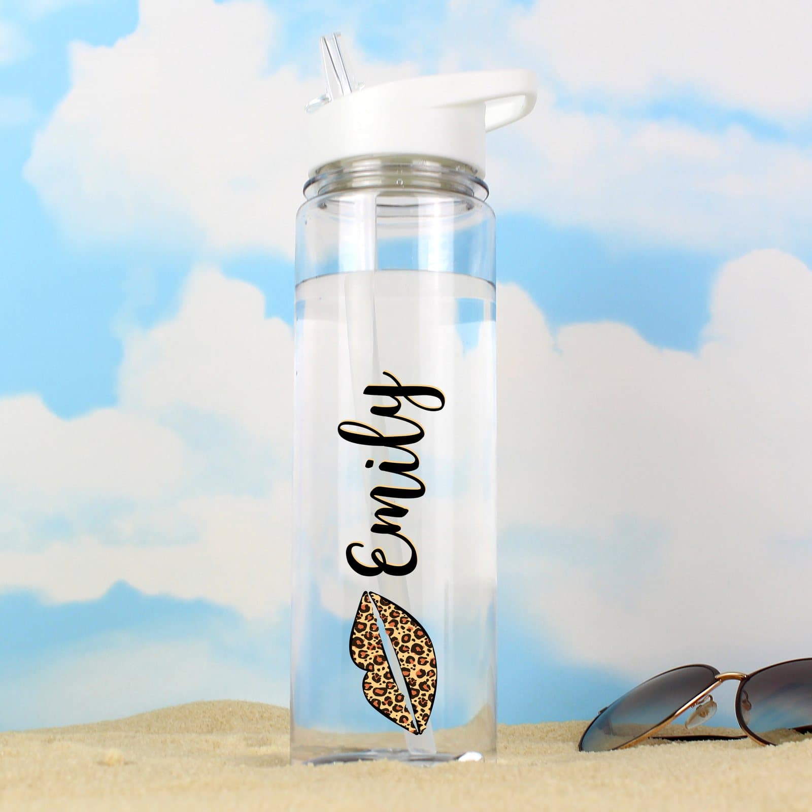 Personalised leopard lips water bottle with white lid and straw spout
