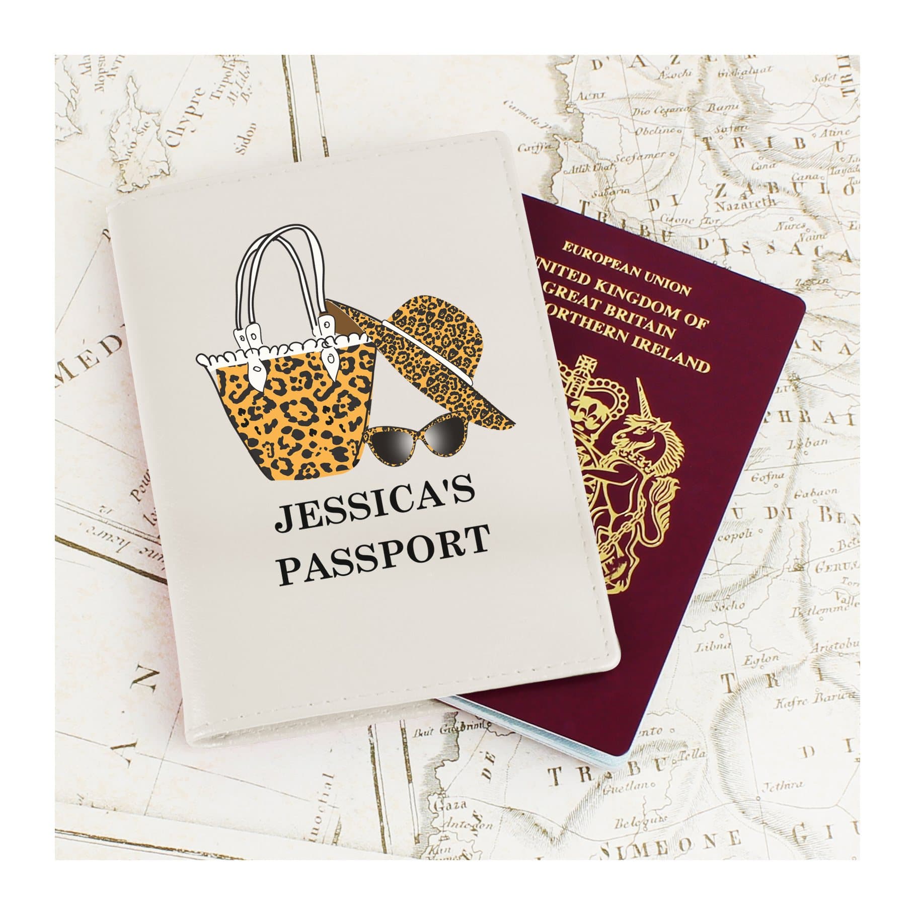 Cream leather passport holder with a leopard print illustration