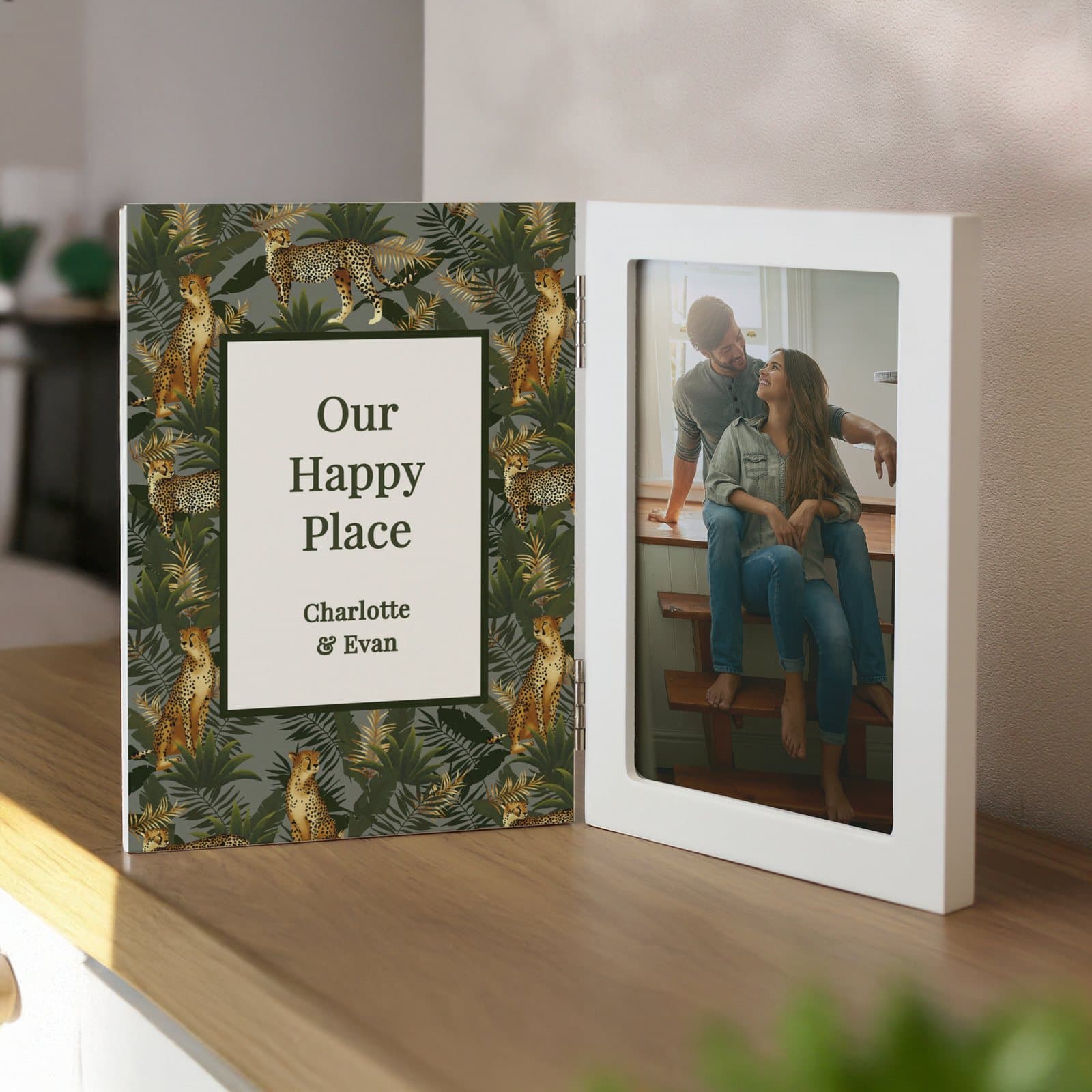 Wooden hinged photo frame with a leopard print design