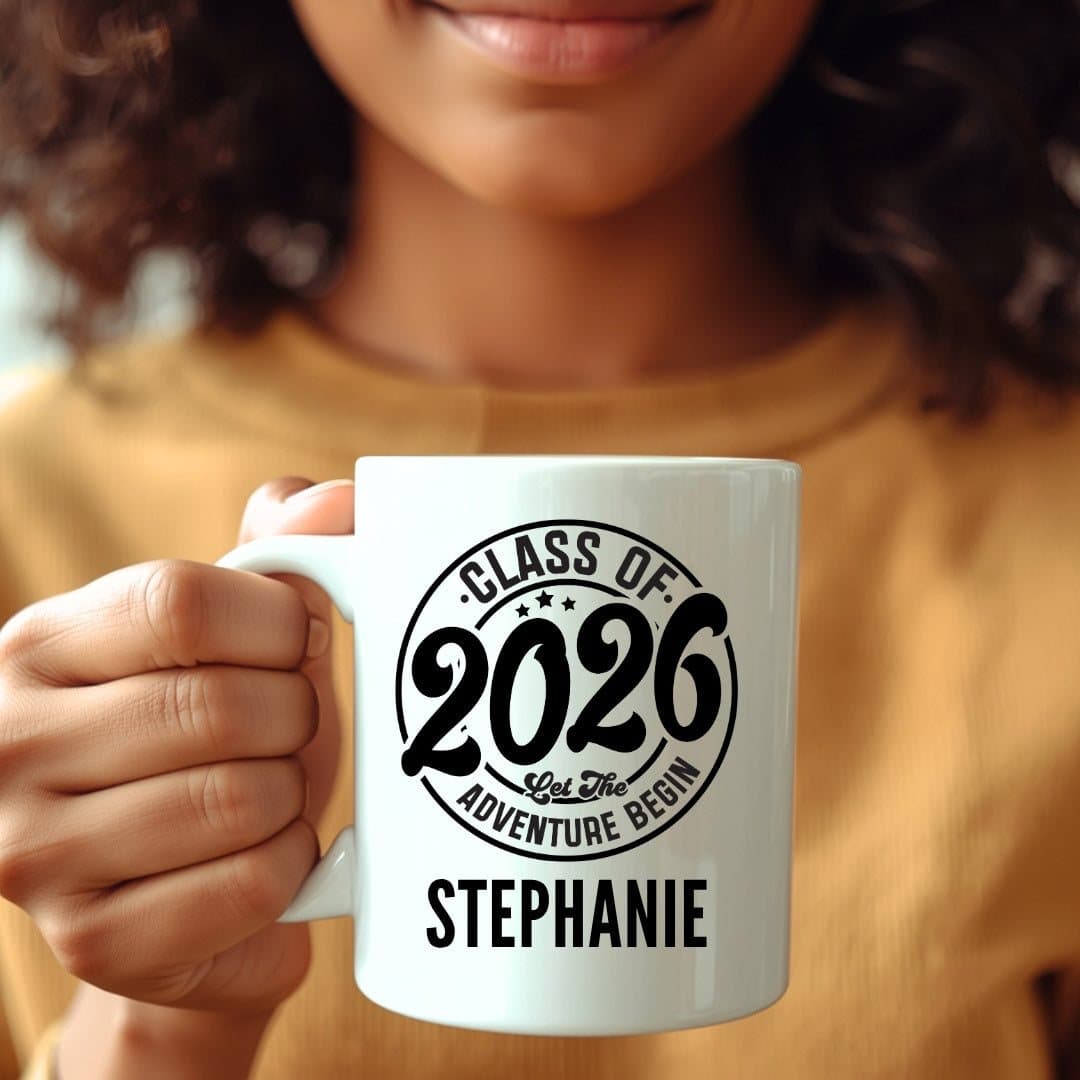 Personalised ceramic Class of 2026 graduation mug with a Let the Adventure Begin design