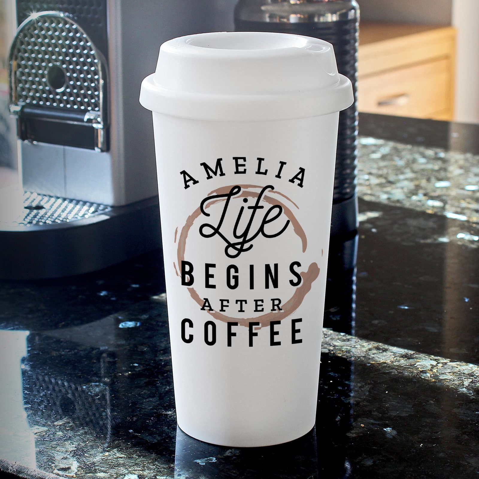 Personalised life begins after coffee travel cup with screw-on lid