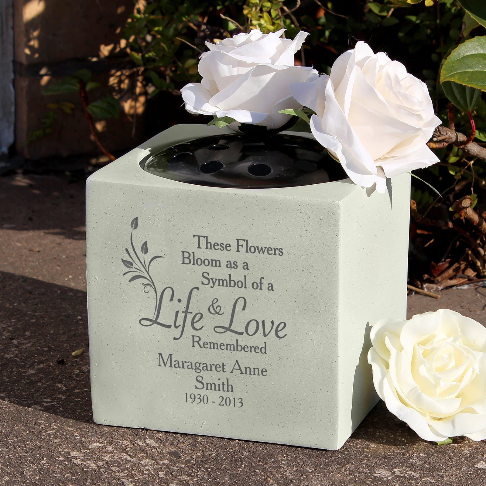 Resin memorial rose bowl vase with a personalised name and date