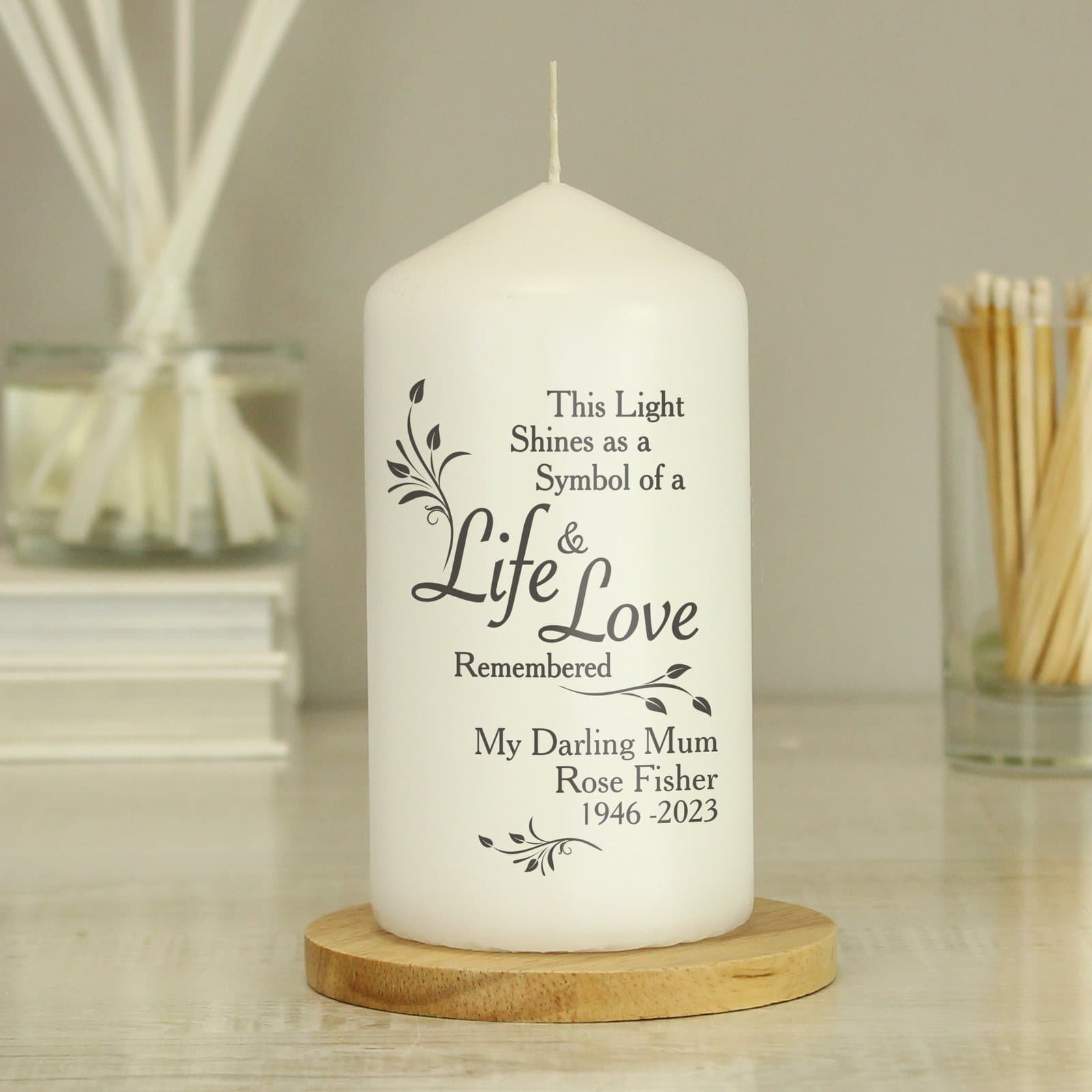 Personalised Life & Love pillar candle with remembrance wording