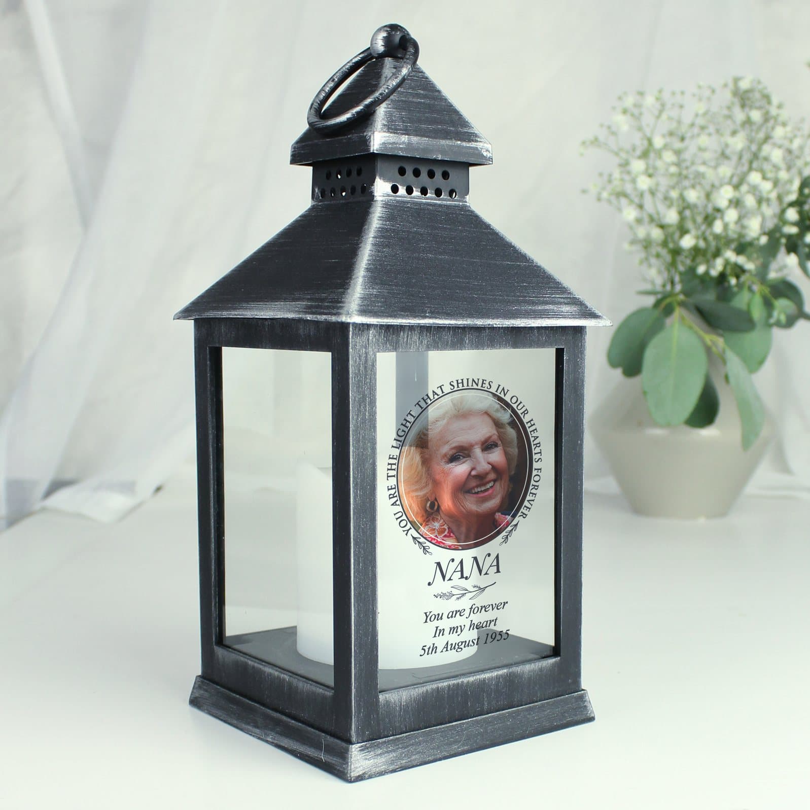 Black lantern with a photo and message lines and a hoop for hanging