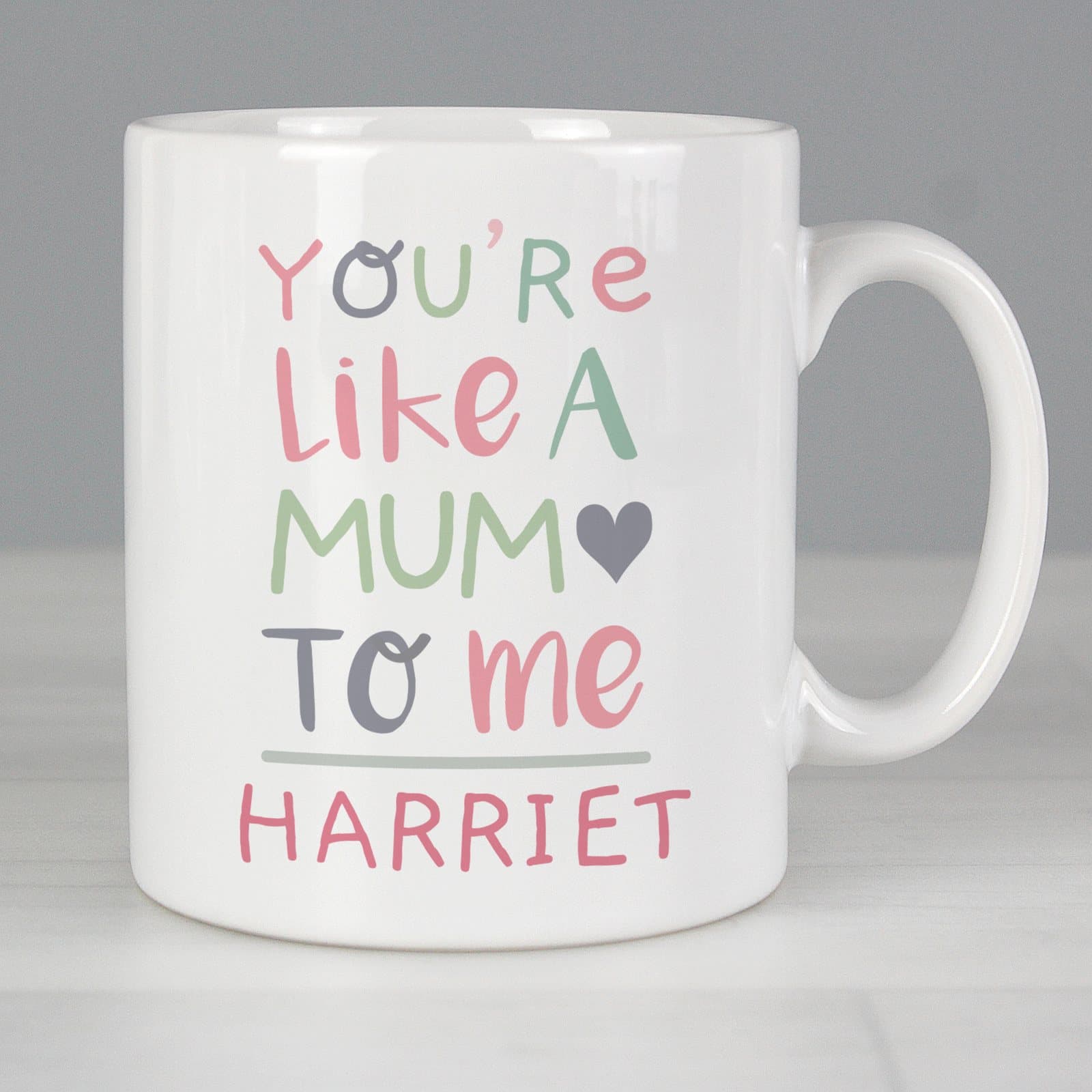 Ceramic You're Like a Mum to Me mug personalised with a name on the front