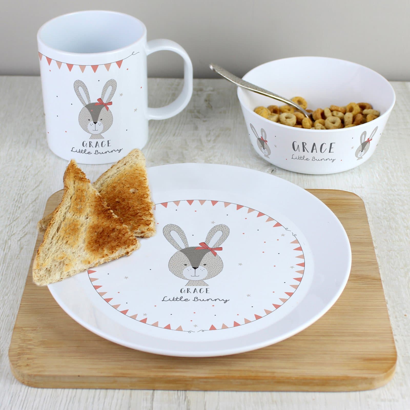 Pink plastic Little Bunny plate, bowl and mug set