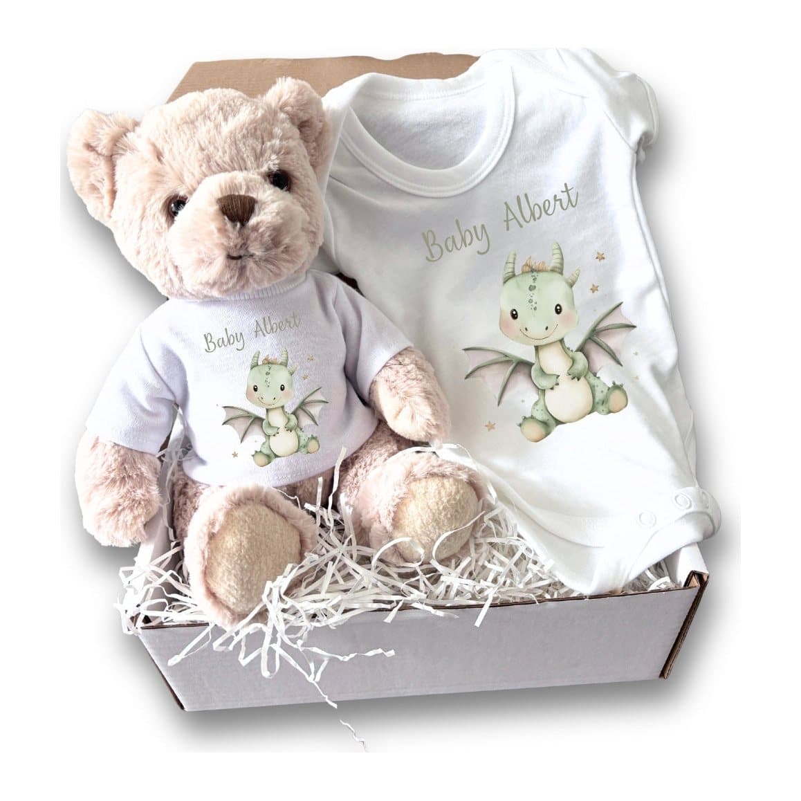 Personalised Little Dinosaur baby gift box with a teddy and a dinosaur vest