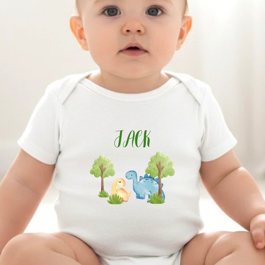 Personalised little dinosaur baby grow with a name on the design