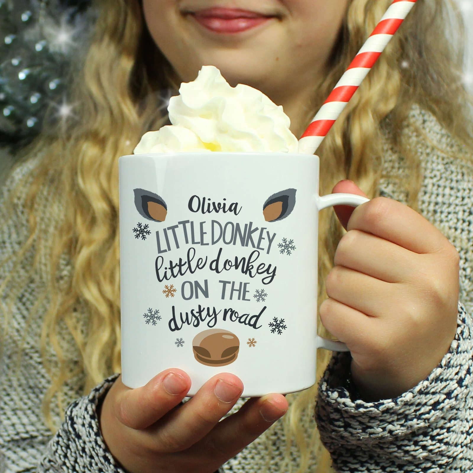Plastic Christmas mug with a Little Donkey jingle line and a name