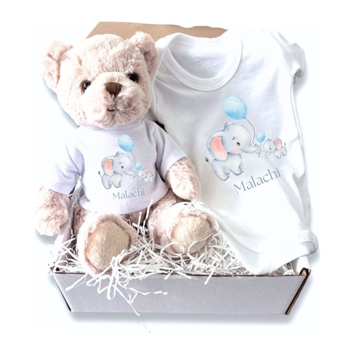 Personalised Little Elephants baby vest and teddy bear gift box