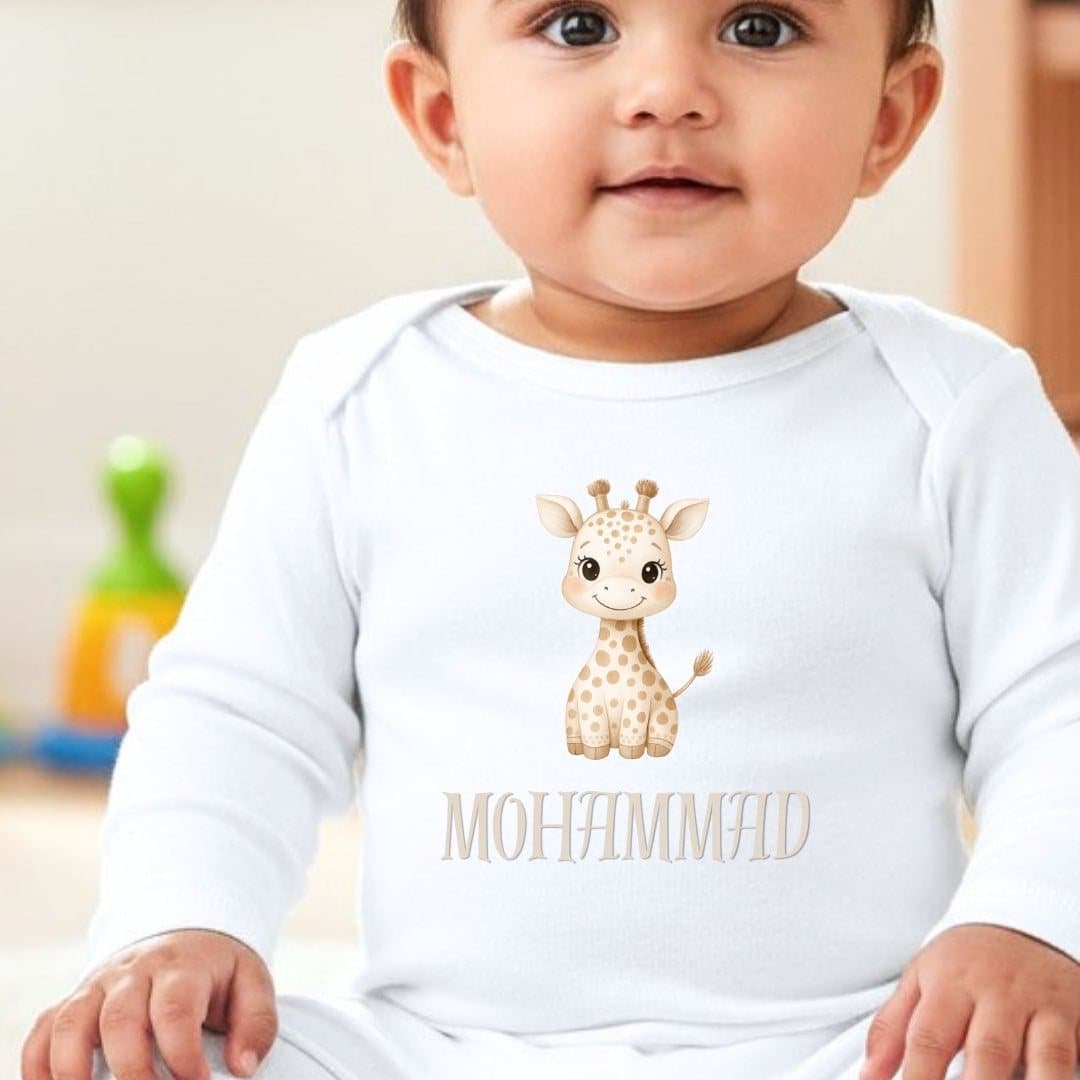 Personalised giraffe baby vest, baby grow and bib with a name