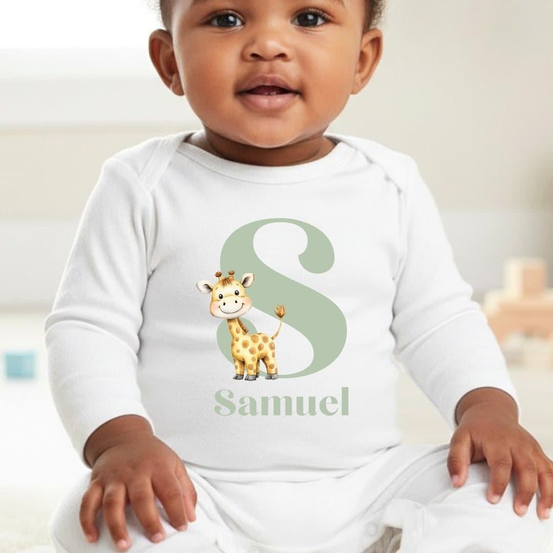 Personalised baby grow, vest or bib with a giraffe design and a name