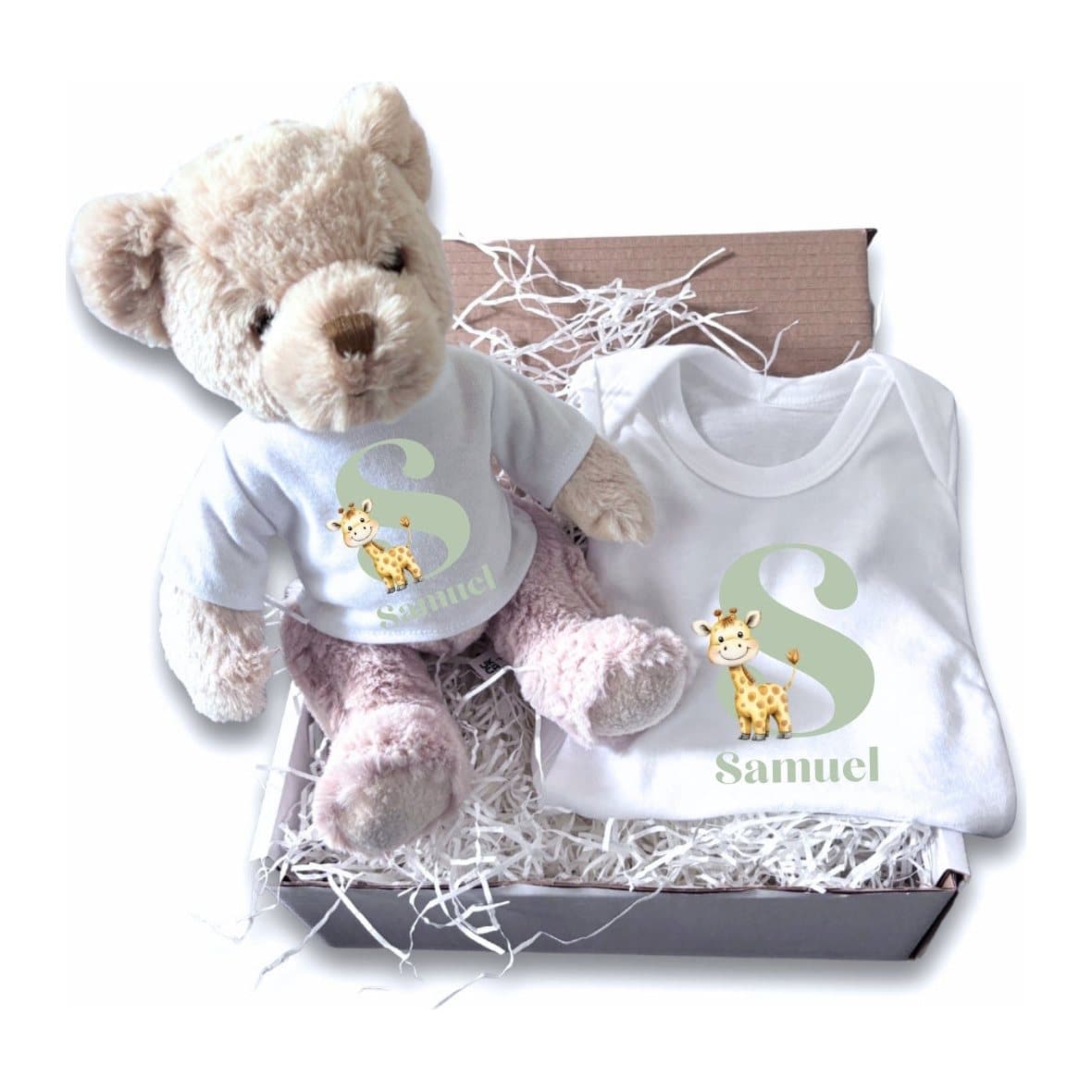 Personalised baby vest and teddy with the Little Giraffe design