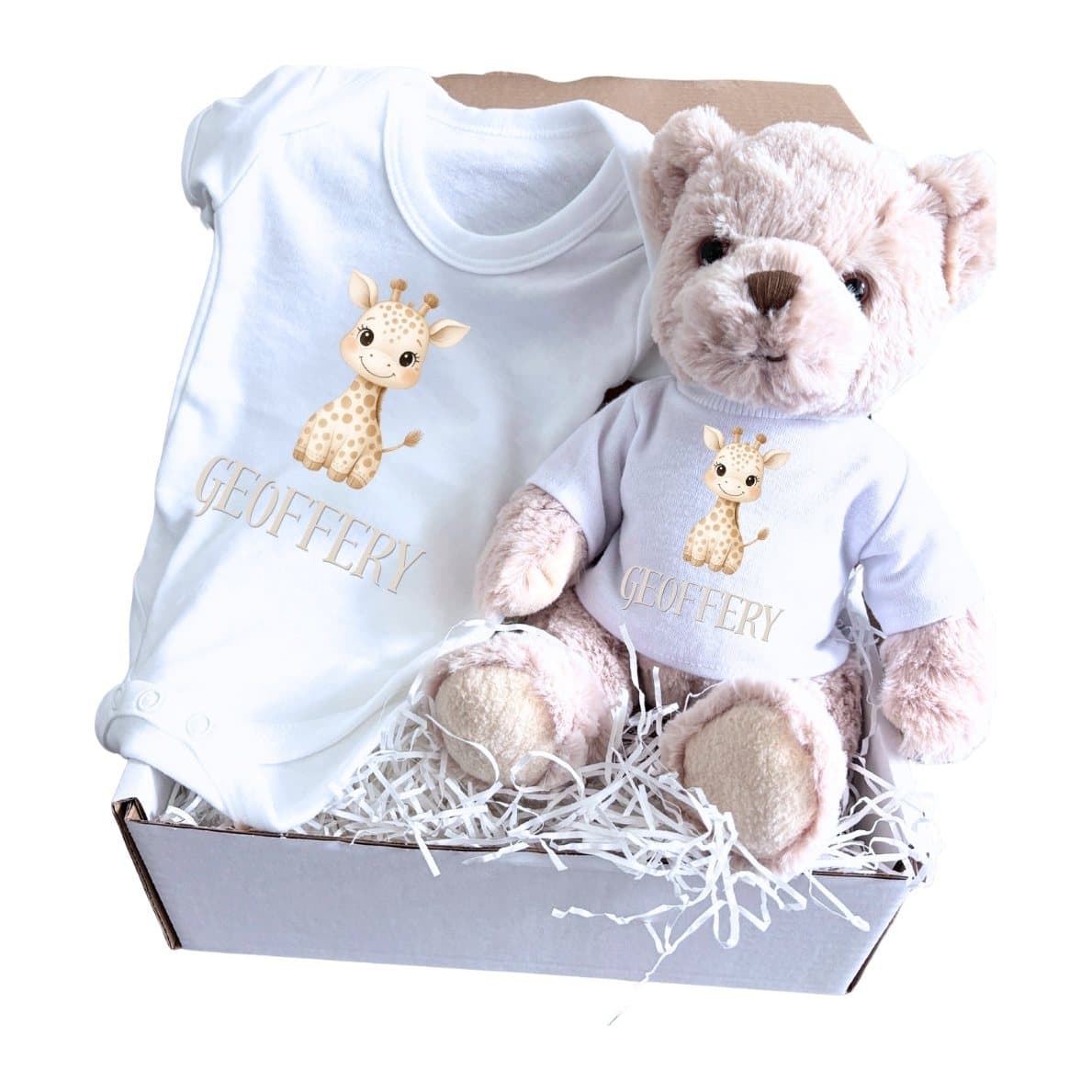 Personalised Little Giraffe baby vest and teddy bear gift box