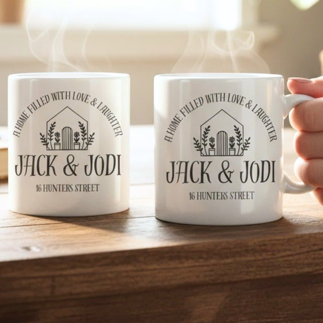 Personalised couples engagement ceramic mug set with the design printed on both sides