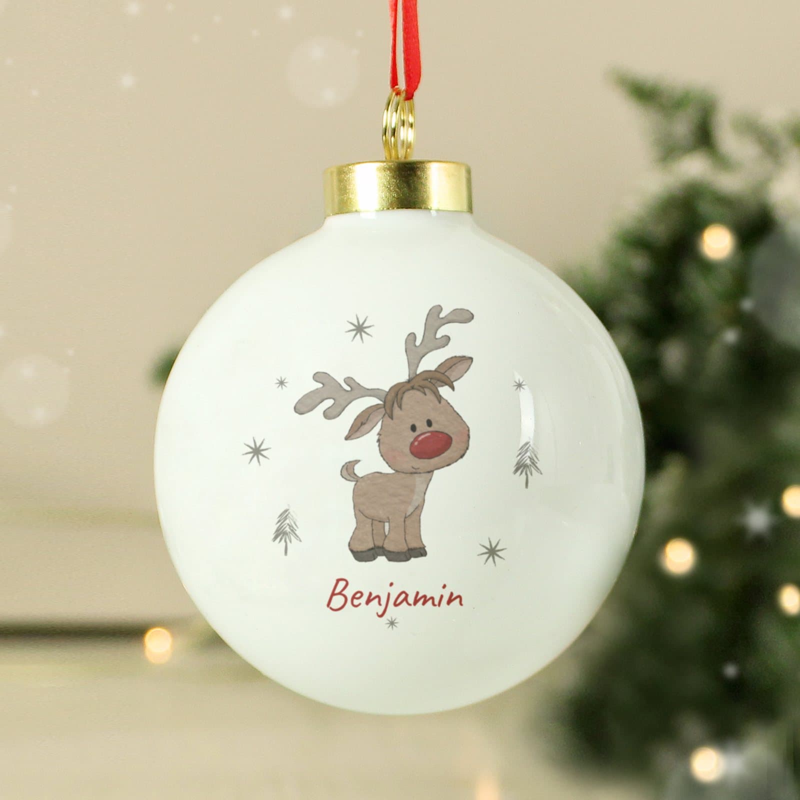 Personalised little reindeer Christmas bauble with ribbon