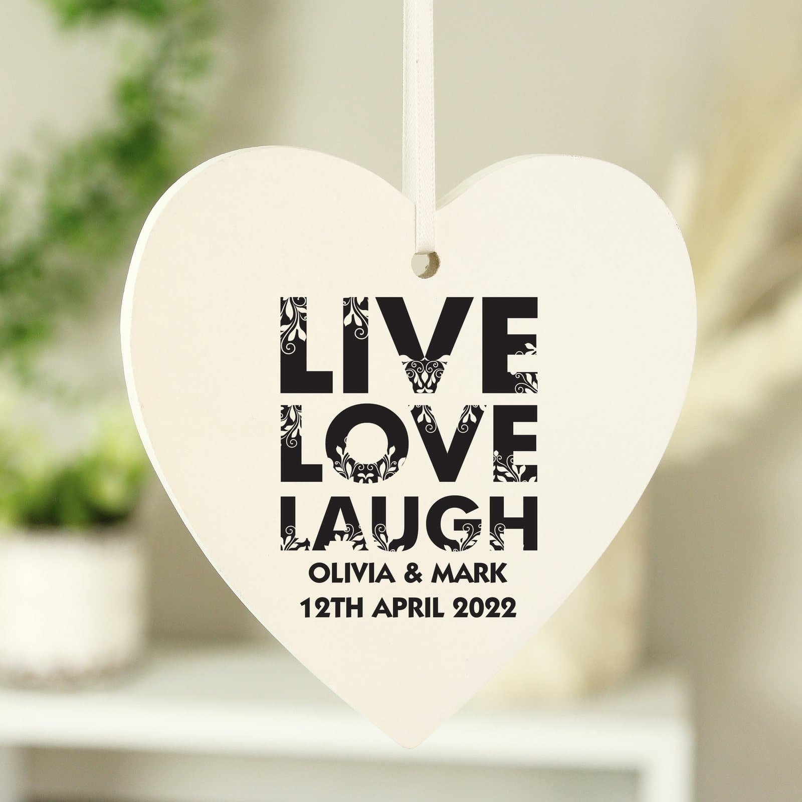 Wooden heart decoration reading Live Love Laugh with ribbon