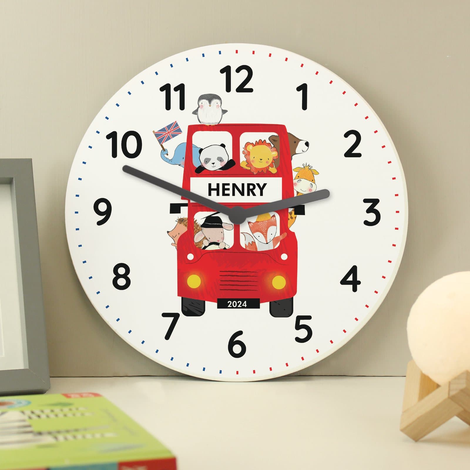 London animal bus wooden clock with a name and date
