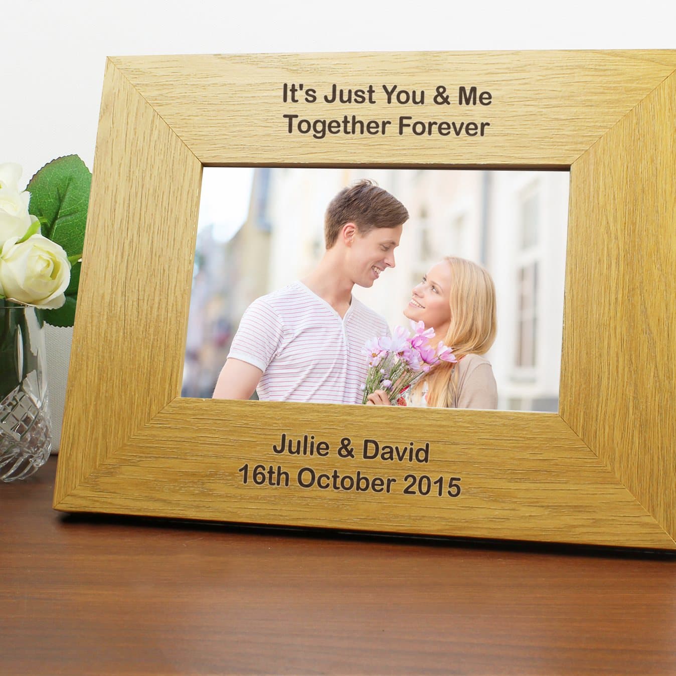 Oak veneer landscape photo frame with text above and below the photo