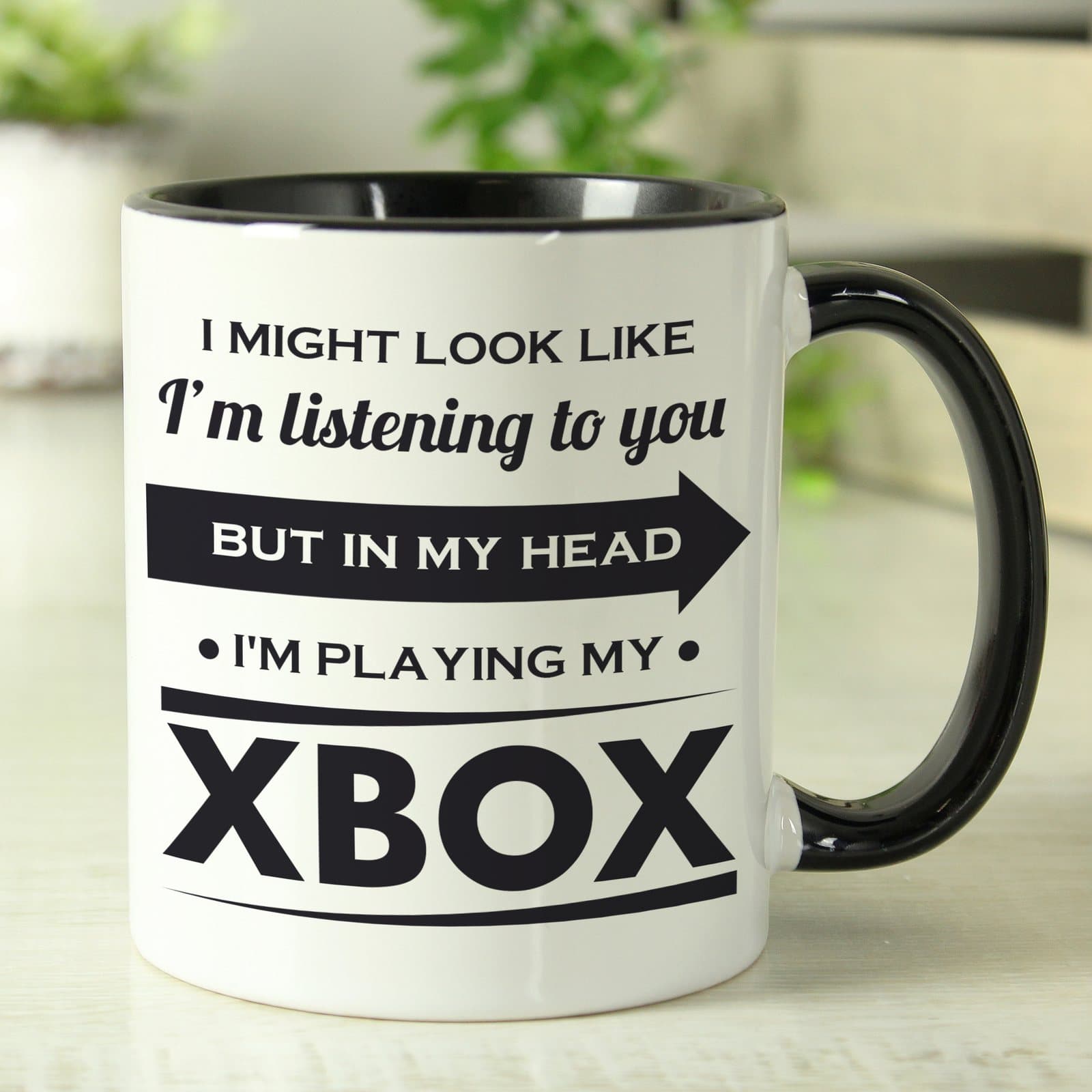 Personalised ceramic mug with fixed listening text and two personalised lines