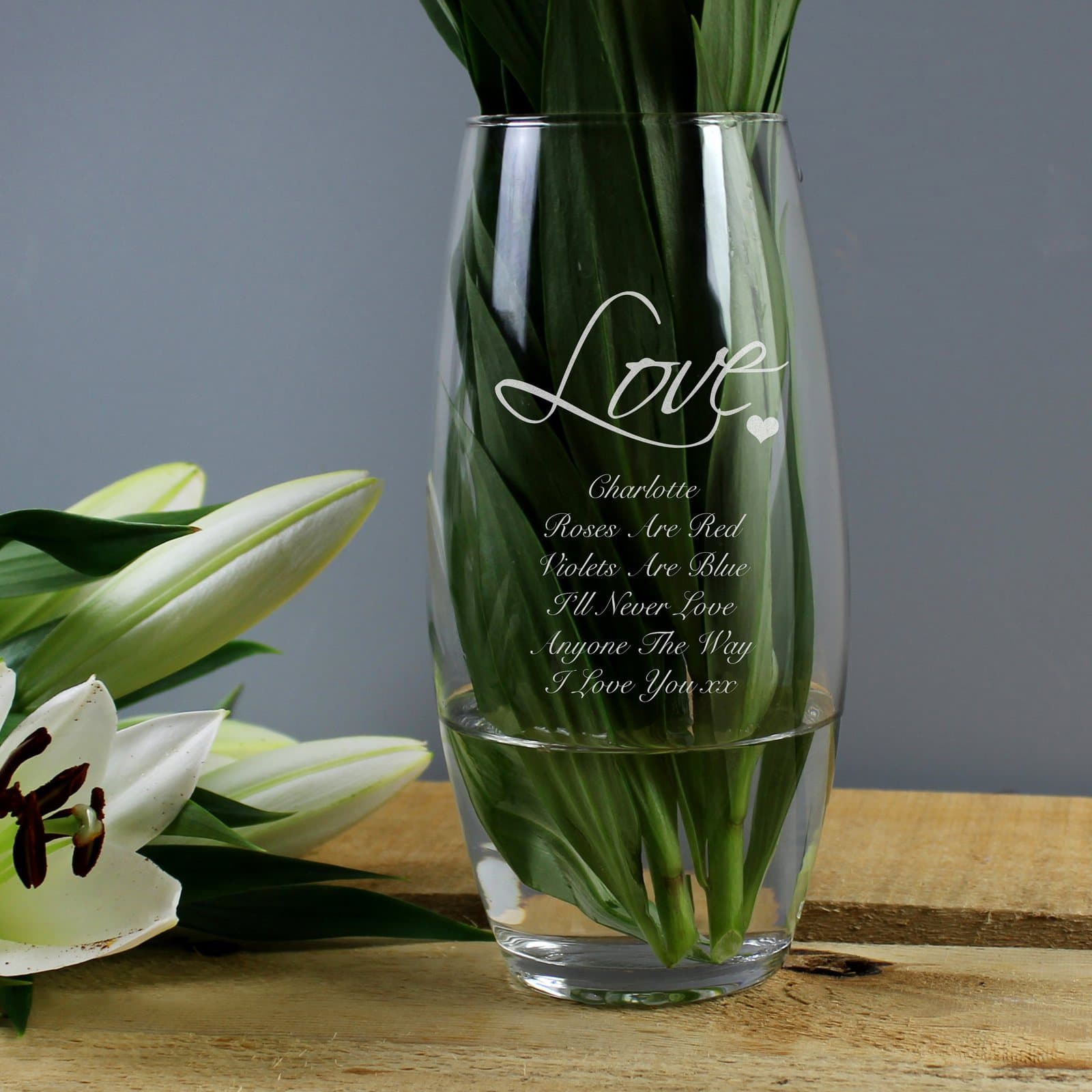 Bullet vase with a heart design, Love text and personalised lines