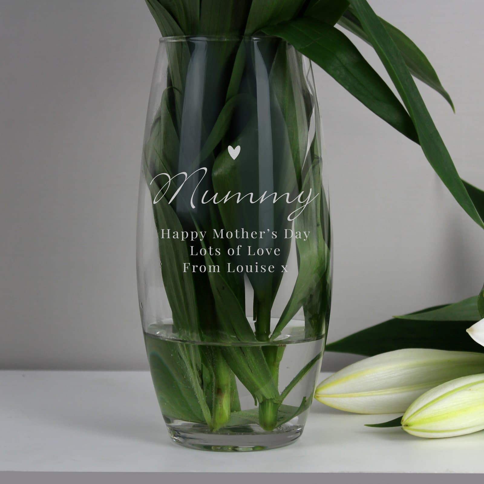 Glass bullet vase personalised with a name and a three-line message