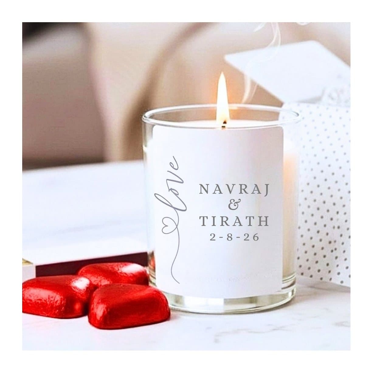Grey love heart personalised candle with red foil chocolate hearts and matches