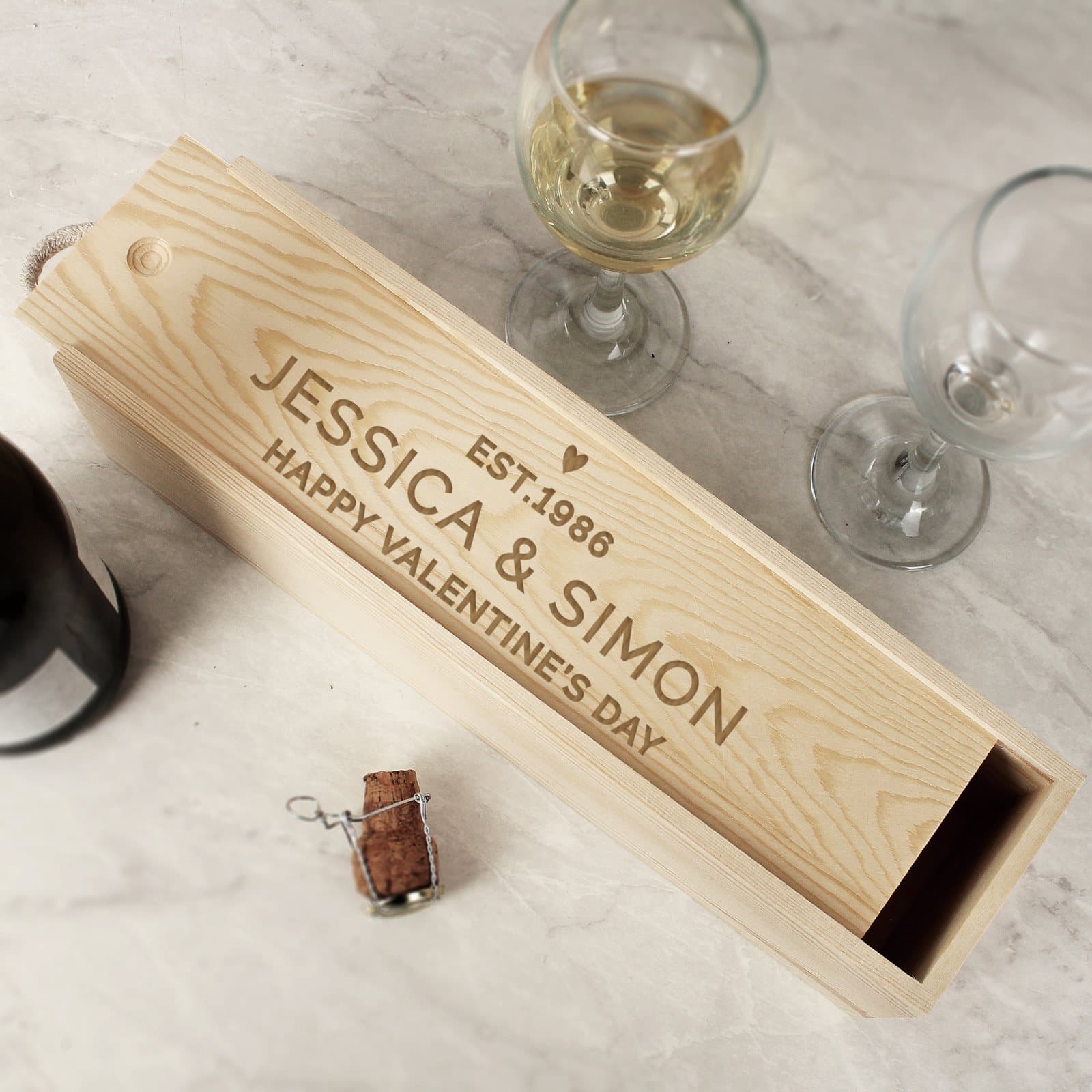 Wooden wine bottle box with three lines of personalised text