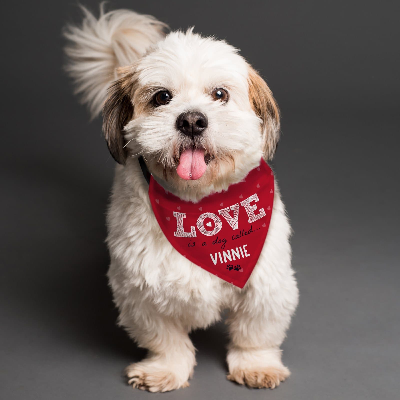 Dog bandana with Love is a dog called text and a name