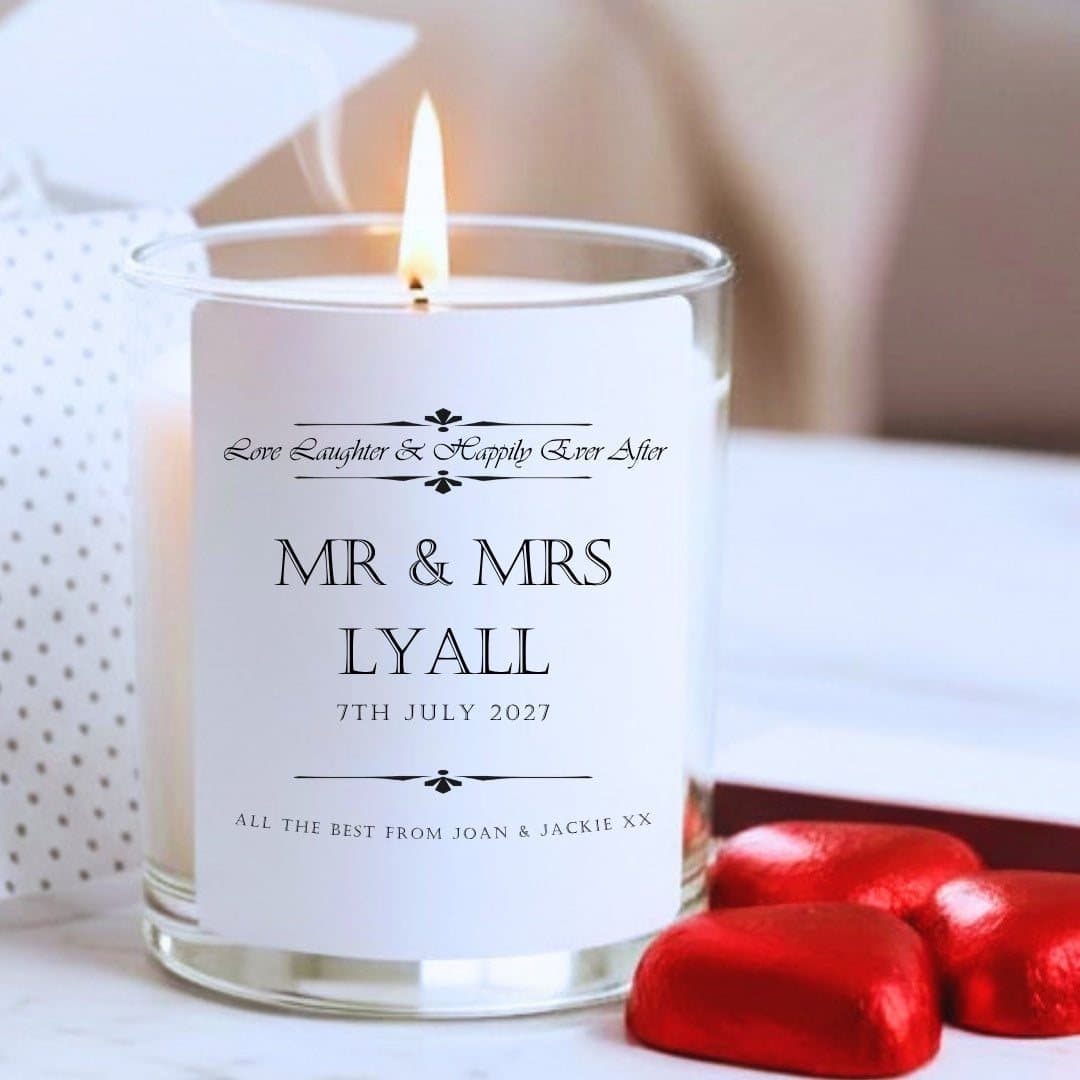 Personalised wedding candle gift set with a scented candle, chocolate hearts and matches