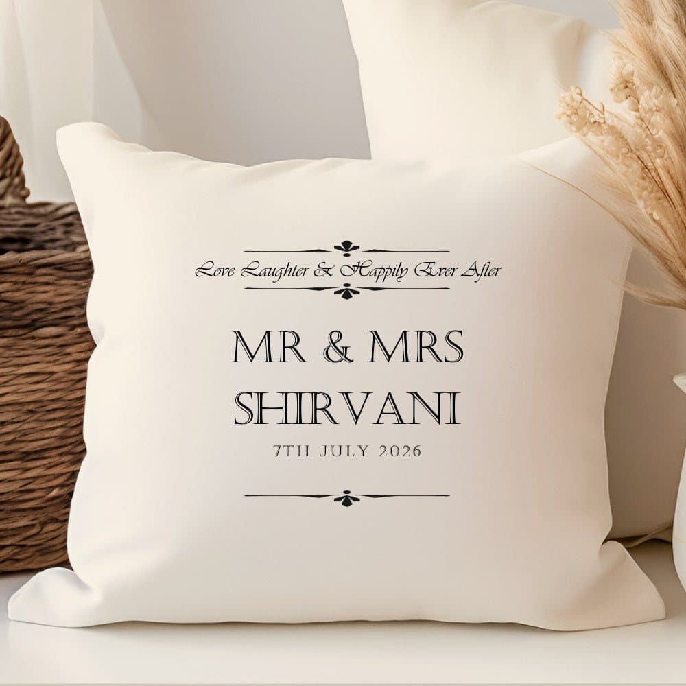 Cream linen-look personalised wedding cushion with names and date