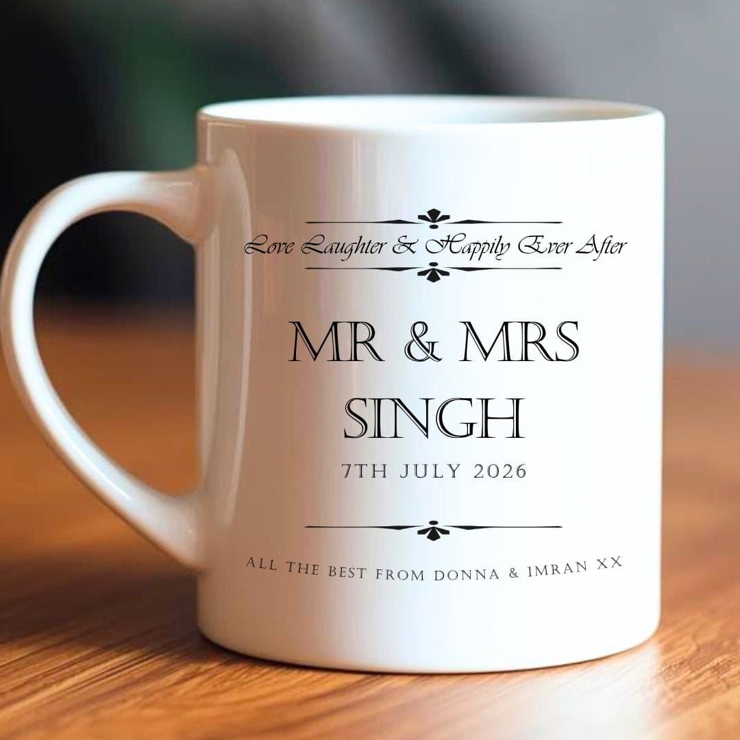 Personalised Love Laughter wedding mugs gift set with the engagement design