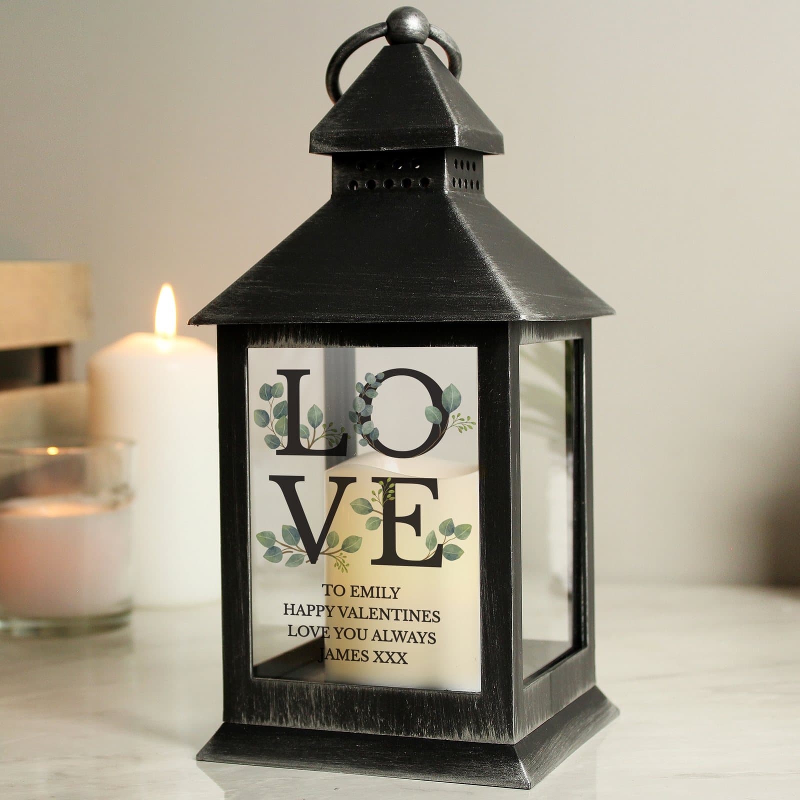Black LOVE LED lantern with personalised text lines