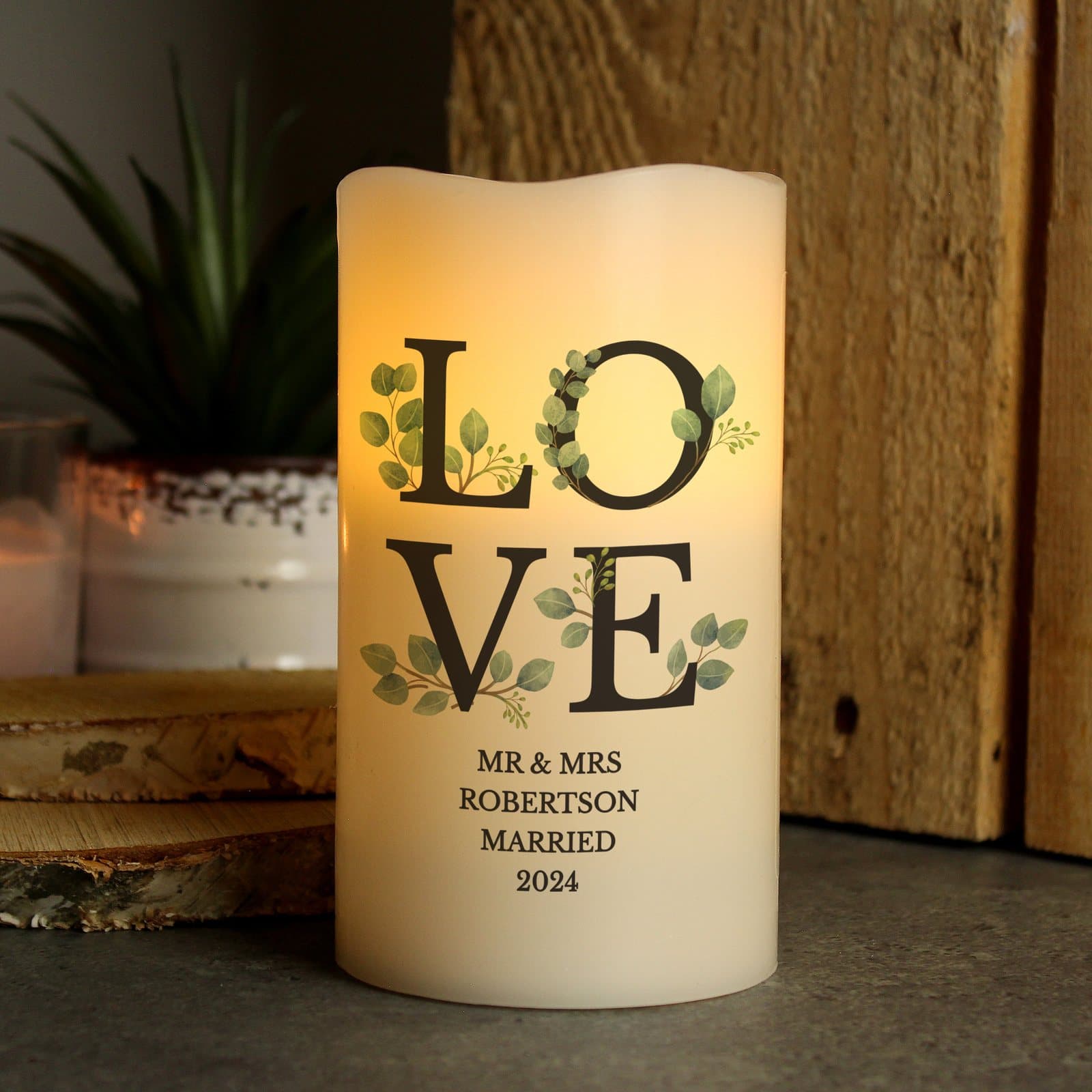 Personalised LOVE botanical LED candle in an organza bag