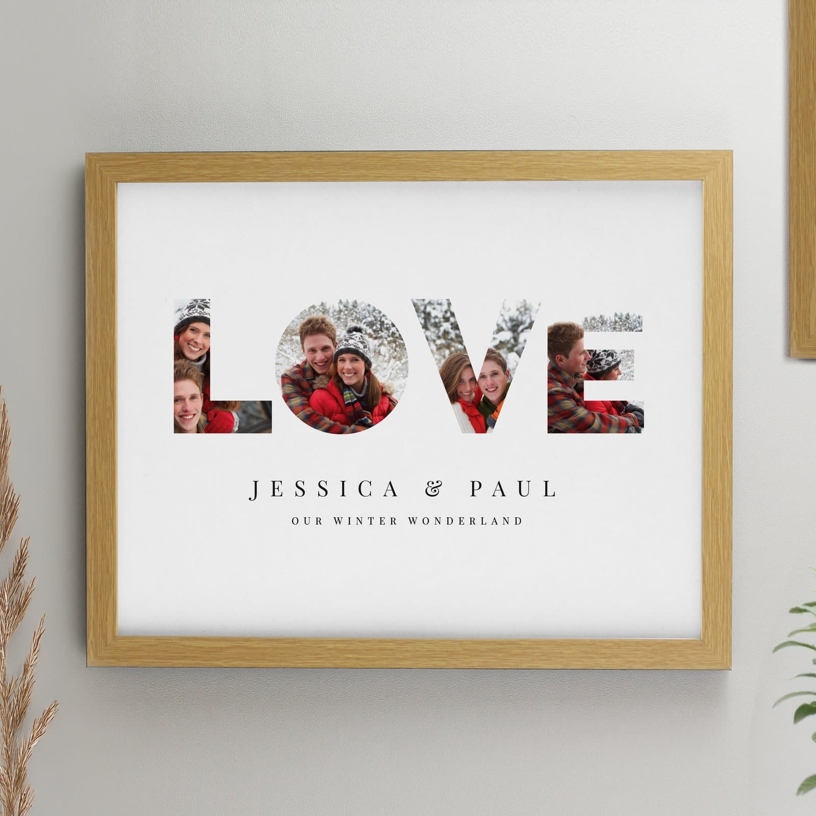 Personalised LOVE photo upload poster in a large oak frame